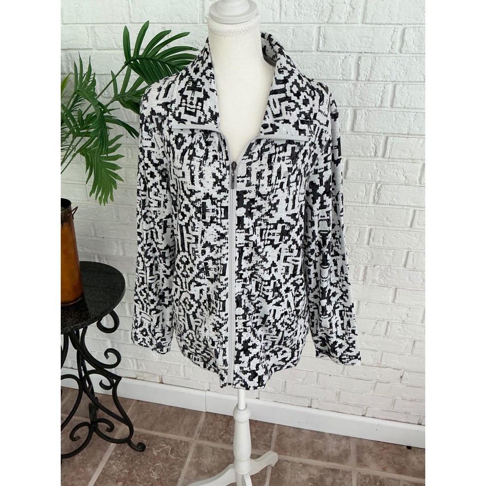 Laura Ashley Zip Up Jacket Women Large Gray Black Excellent Rhinestone Geometric